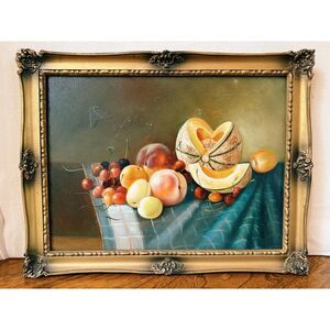 Vintage Still Life Fruit Oil Painting in Ornate Gold Frame
